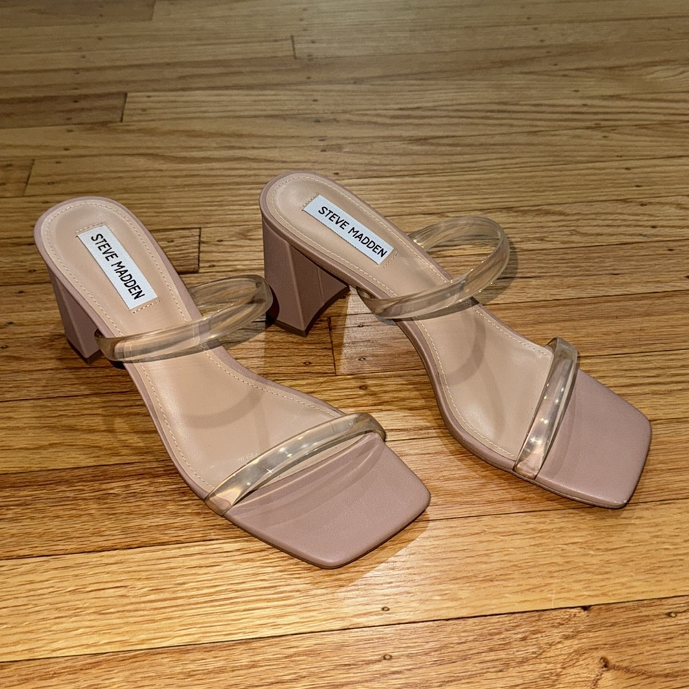 Steve Madden Blush Nude Clear Strap Block Heel Sandals
